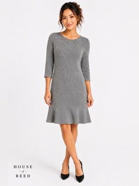 Signature Collection Gray Herringbone Sheath Dress Flounce Hem 3/4 Sleeve Work